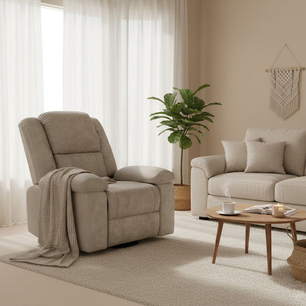 Fauteuil massant électrique chauffant – Repose-pieds inclinable – Tissu beige
