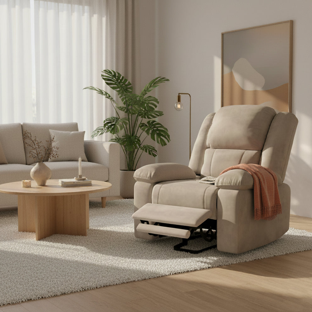 Fauteuil massant électrique chauffant – Repose-pieds inclinable – Tissu beige